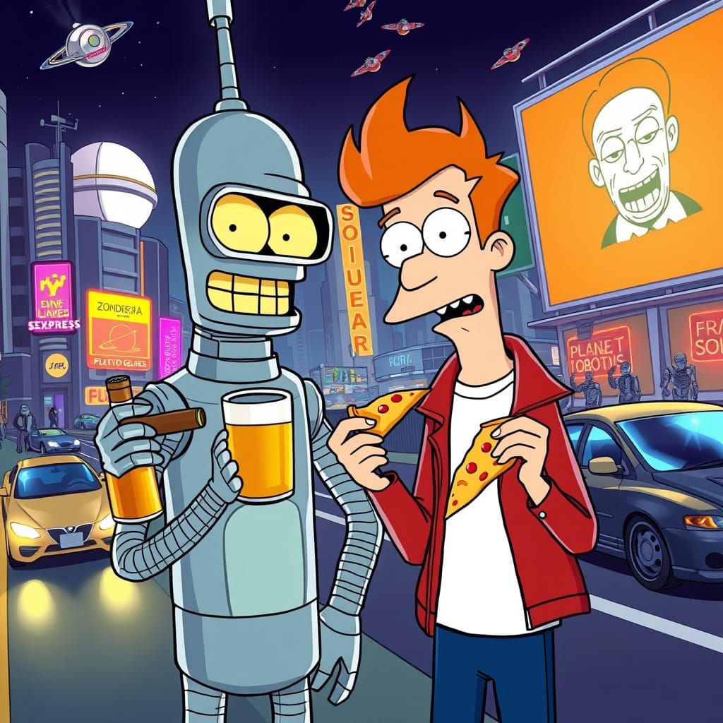 Futurama's Bender and Fry in Neon Cityscape