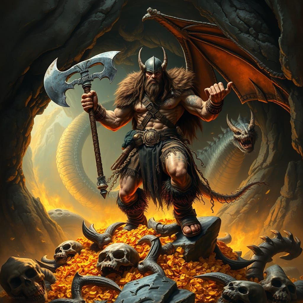 Dragonborn Barbarian Victorious in Dragon's Lair