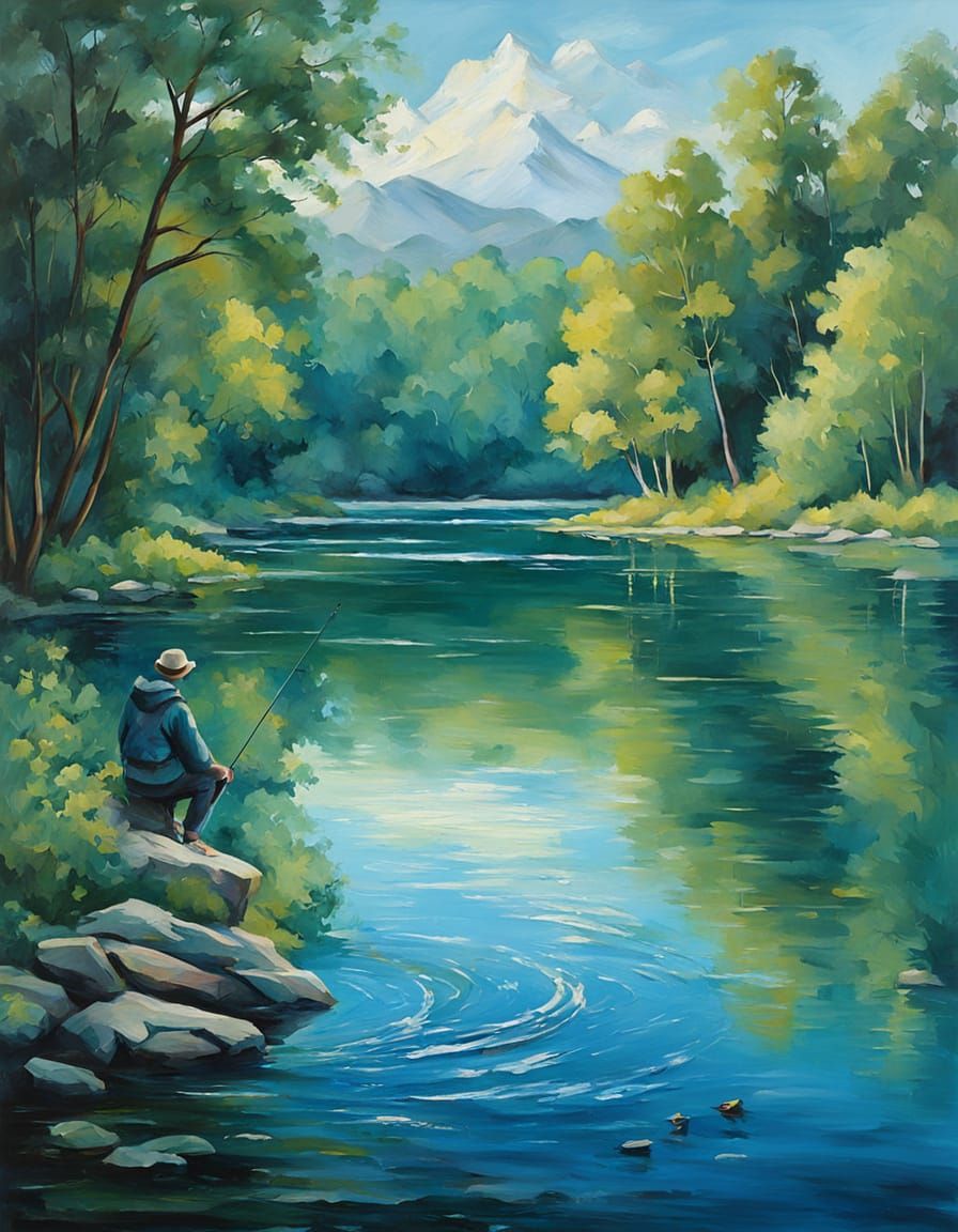 Impressionist Painting of a Peaceful Lake Fishing Scene