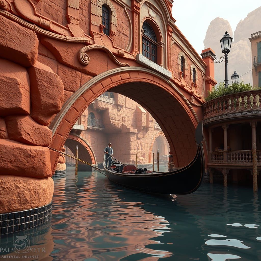 Ocher Clay Gondola Under Bridge in Intricate Fantasy Detail
