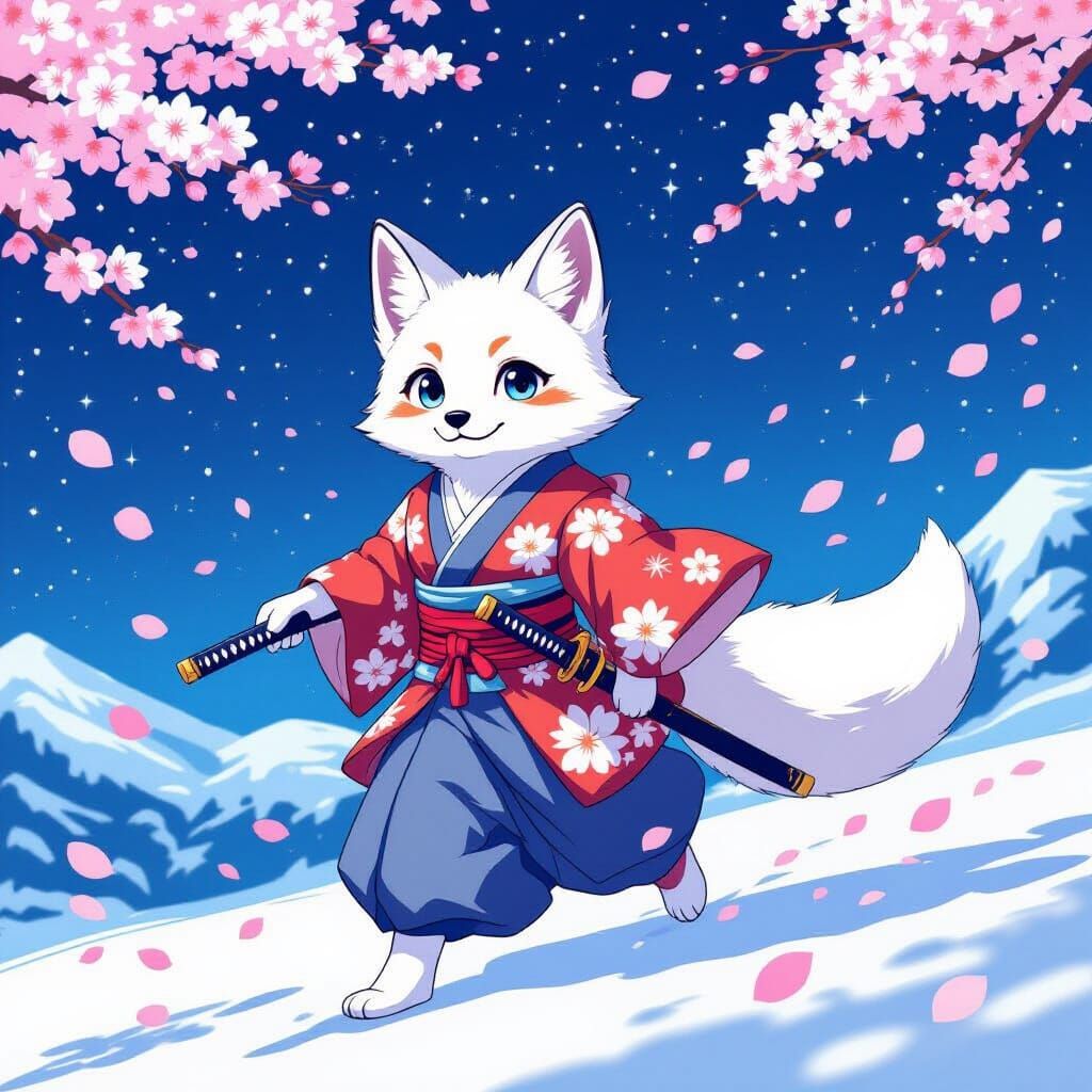 Arctic Fox in Japanese Costume, Anime Style