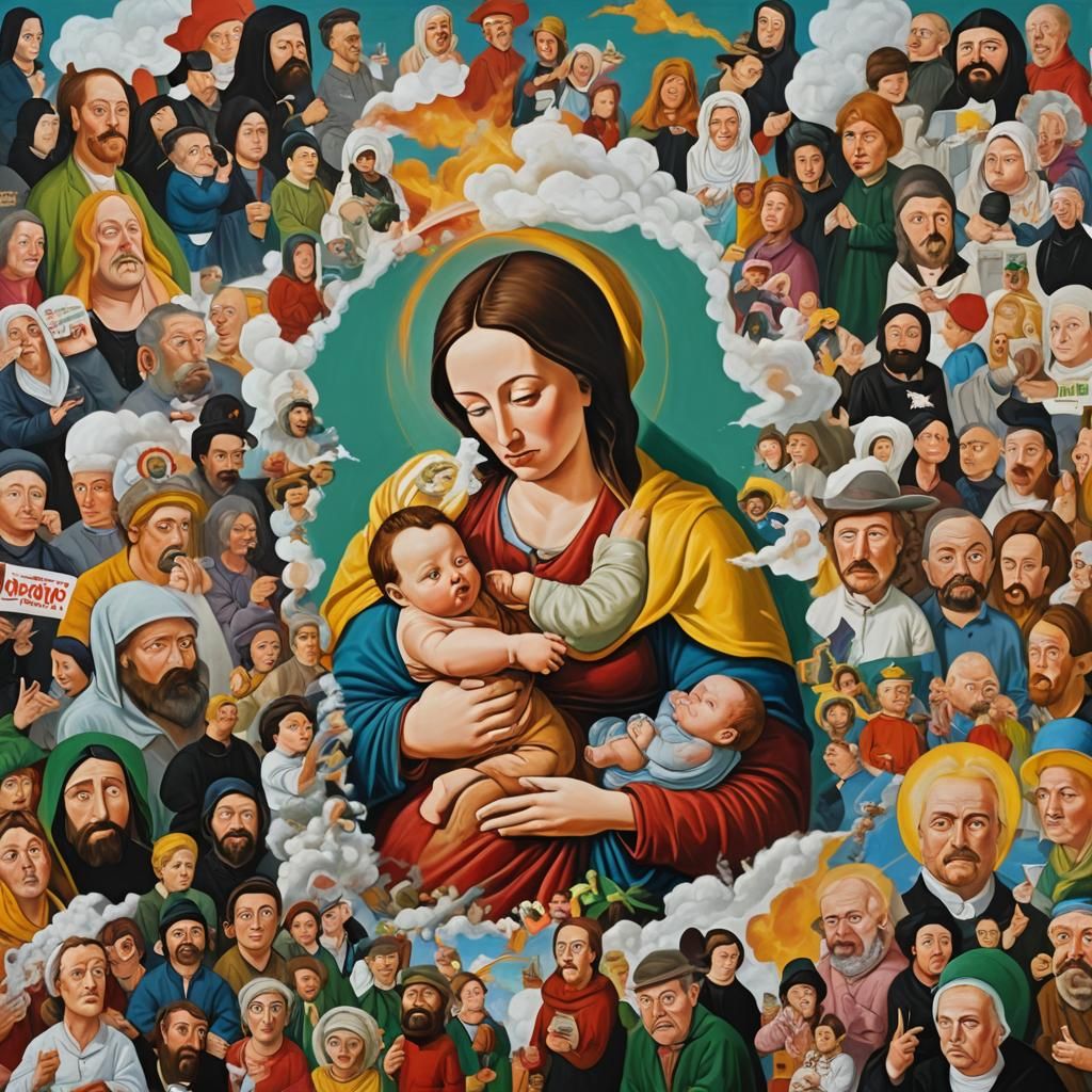 Surreal Madonna and Child in Cartoon Style