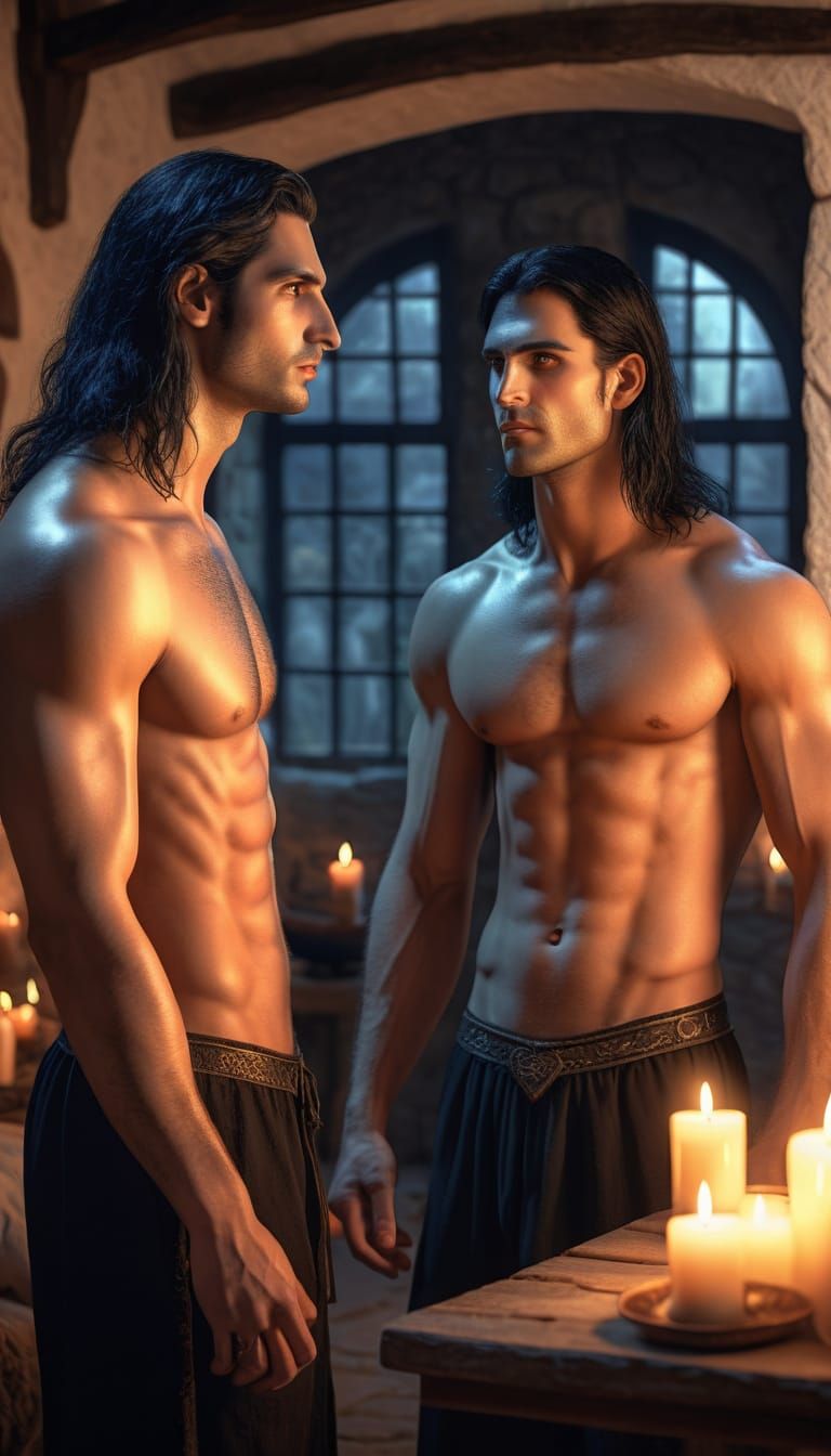 Two Handsome Male Witches Affectionately Gazing