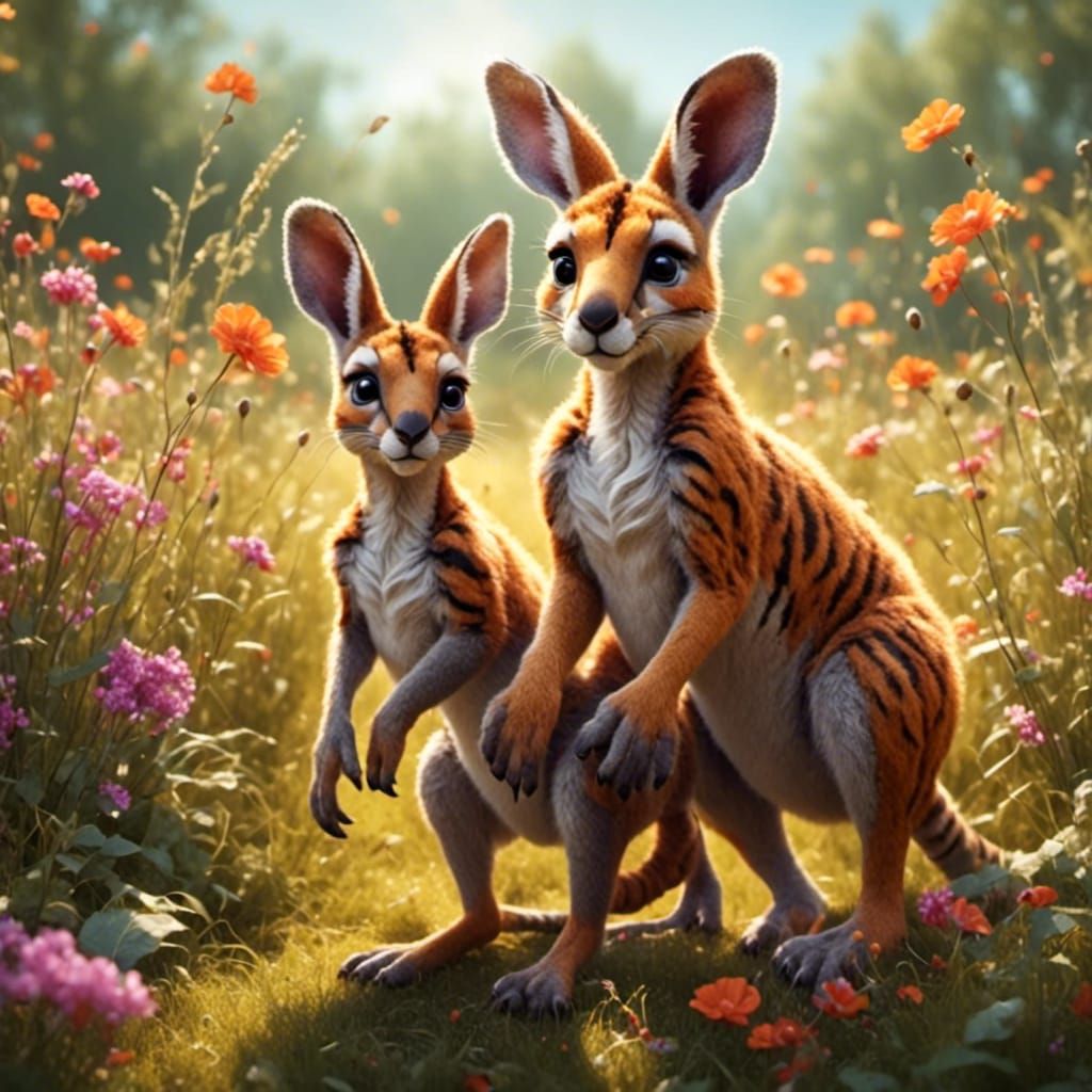 Cute Realistic Kangaroo-Tiger Hybrid in Field