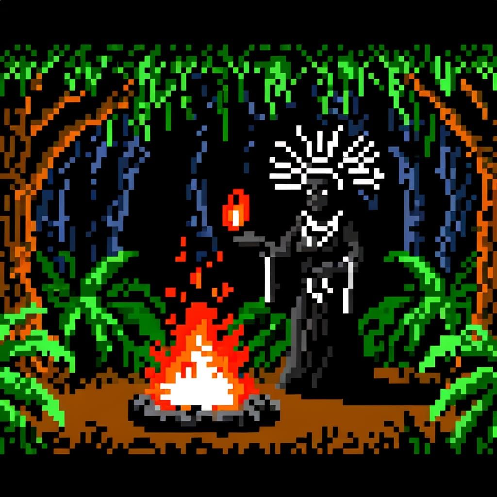 Tribal Video Game Scene in Pixel Art Style