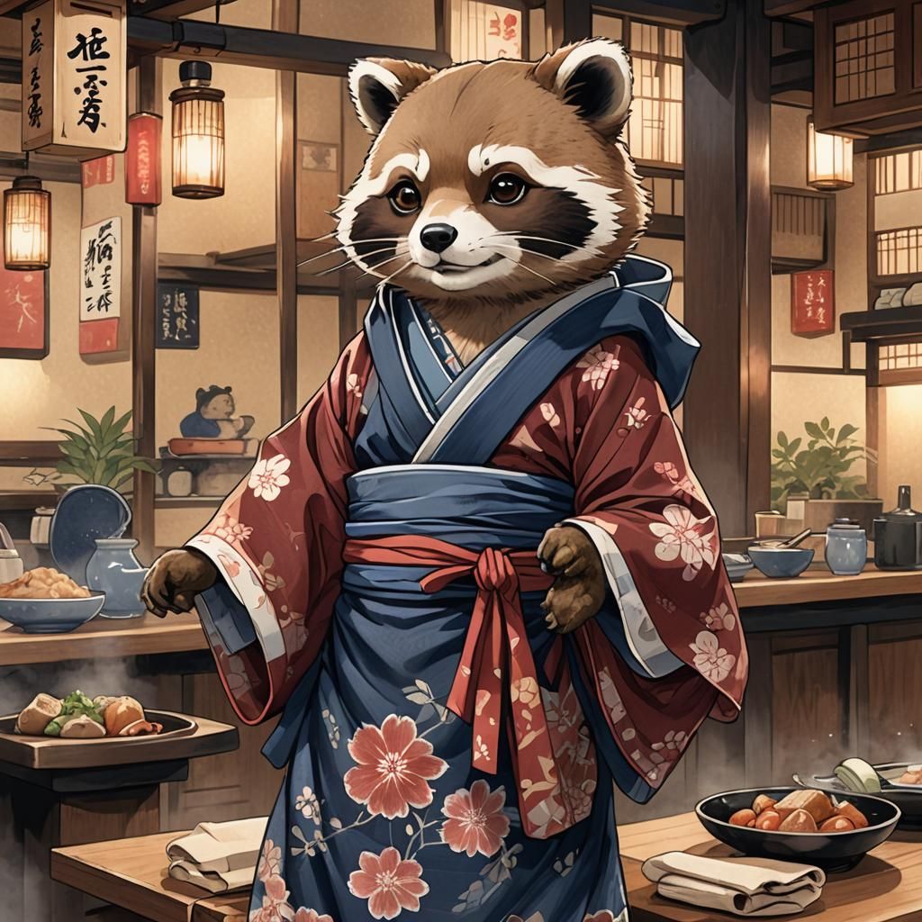 Tanuki Character in Kimono, Japanese Manga Style