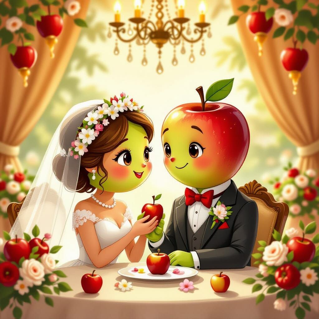 Anthropomorphic Apple Couple at Whimsical Wedding Celebratio...