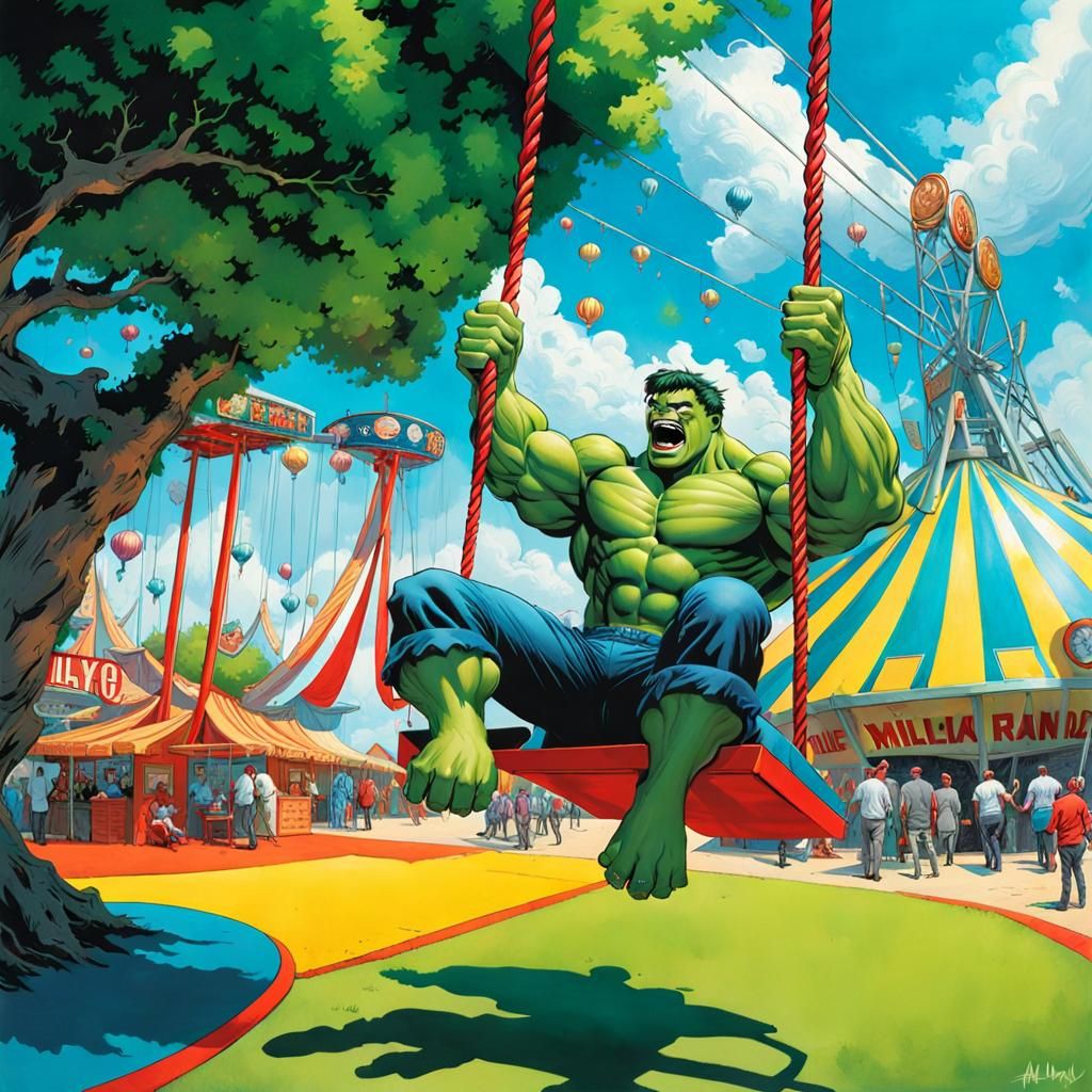 The Hulk Swinging in a Hyperdetailed Lunapark