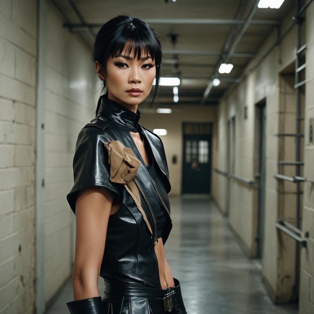 Cinematic Film Still: Woman in Black Leather Uniform