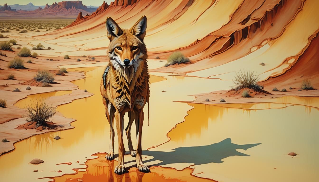 Melting Coyote in Desert Landscape, Surreal Oil Painting