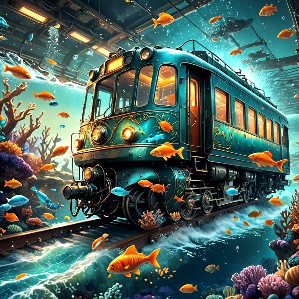 Underwater Glass Train in a Colorful Ocean Scene