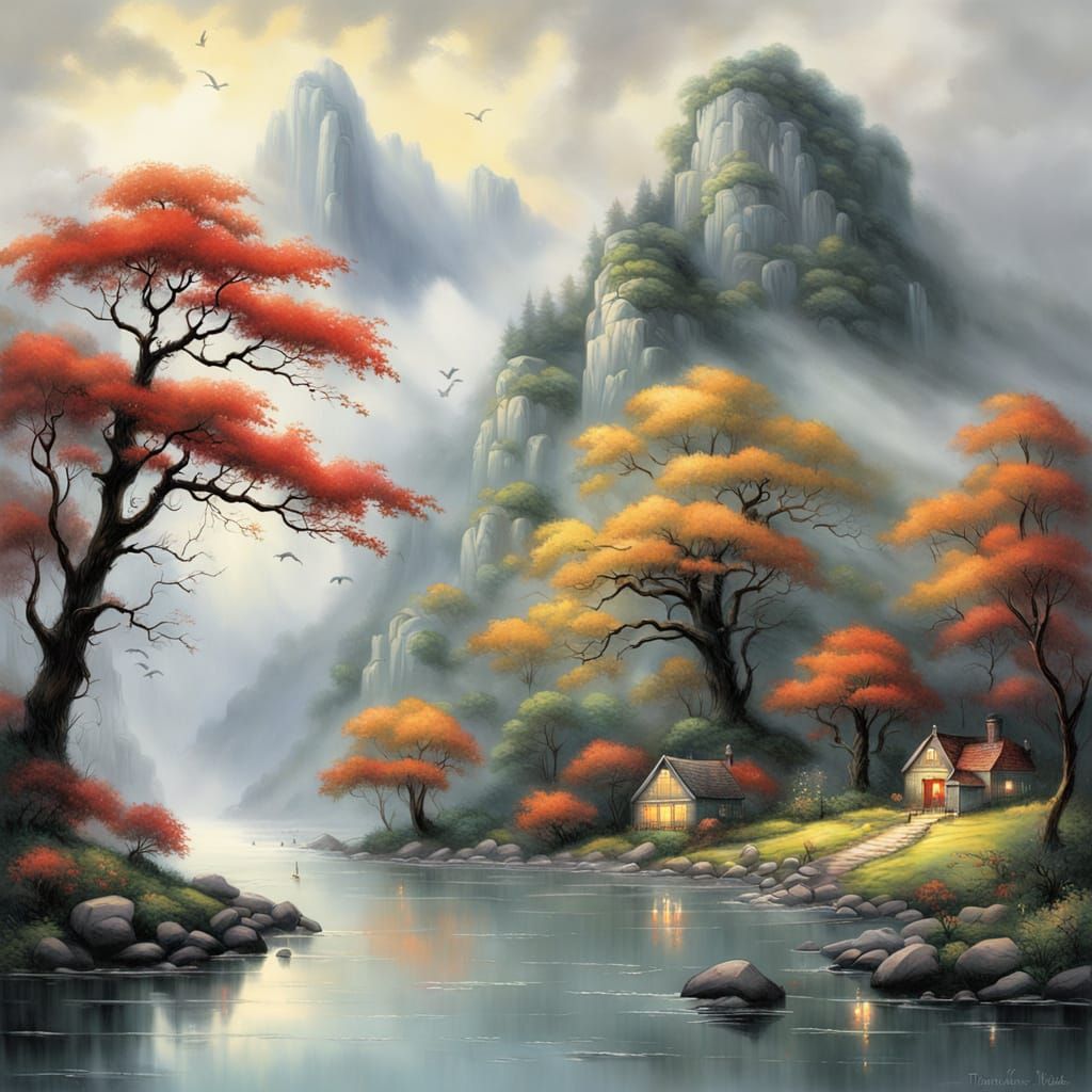 Ethereal Fantasy Scene with Birds in a Red Pear