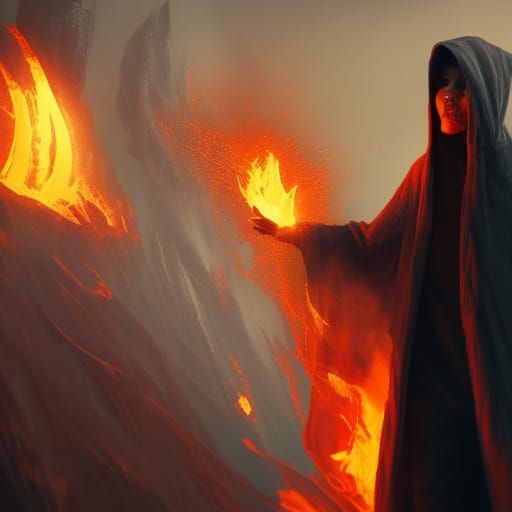 Mysterious Man in Burning Hoodie: Fantasy Concept Art
