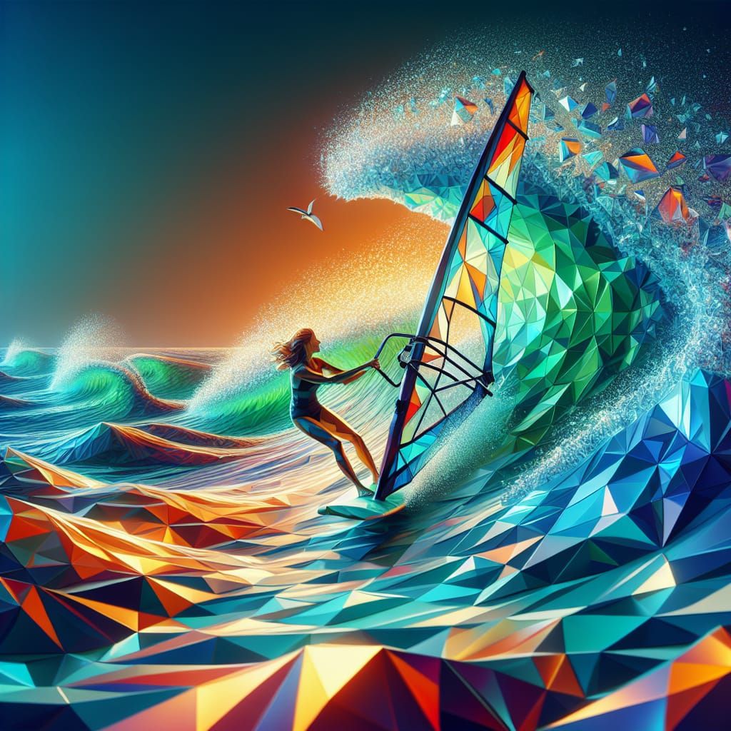Vibrant Windsurfer in Iridescent Low Poly Scene