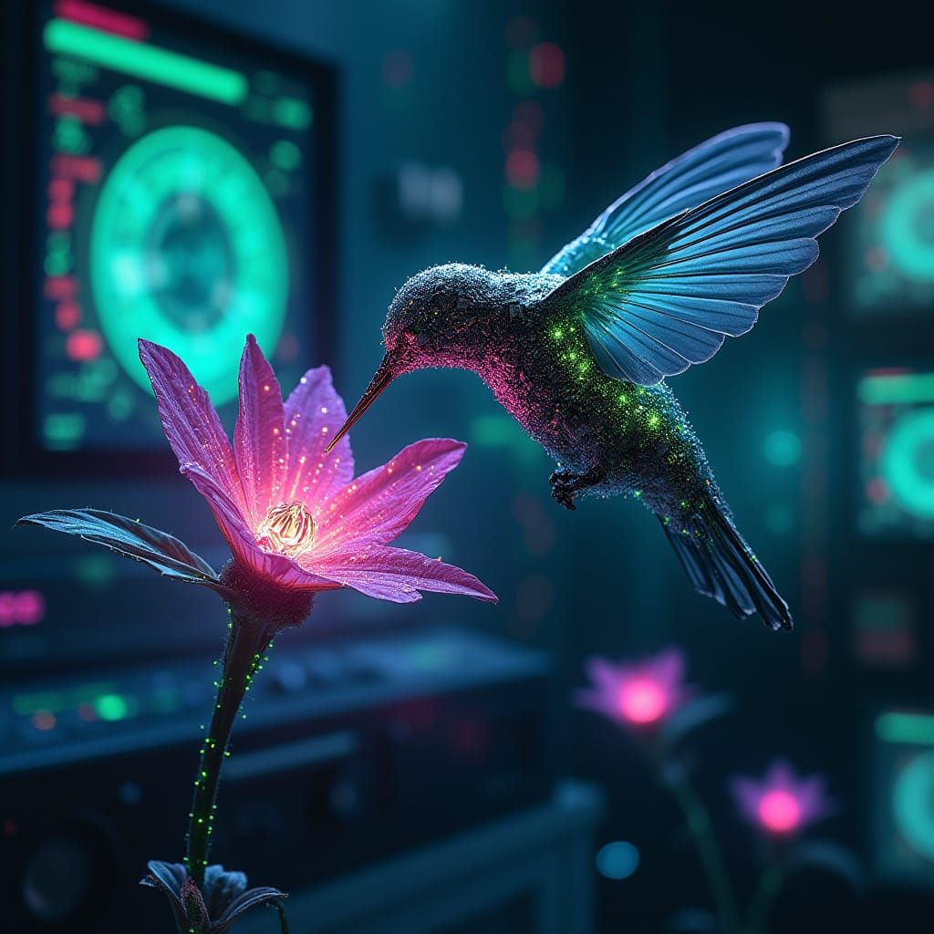 Biomechanical Hummingbird Sips Nectar in Cyberpunk Lab