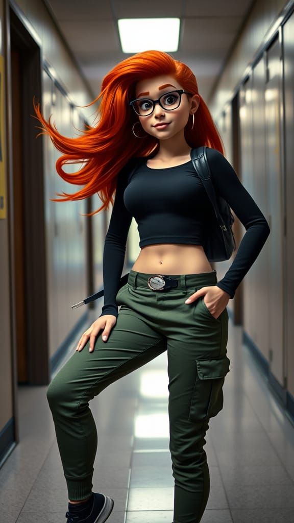 Confident Teenage Girl in School Hallway, Inspired by Cinema...