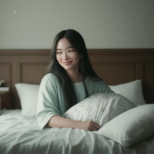 a girl with long hair in pajamas standing on the bed and rea...