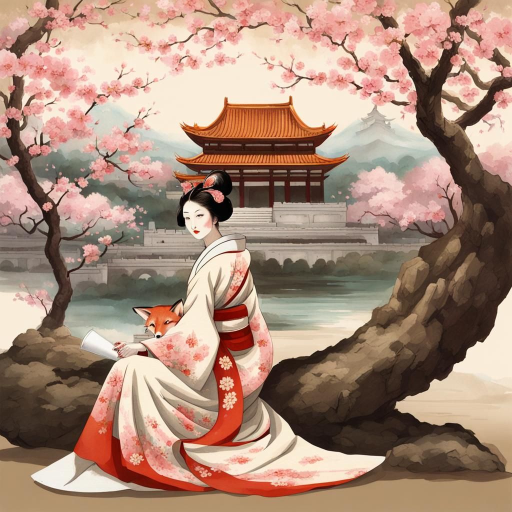 Fox Woman in Kimono with Cherry Blossoms
