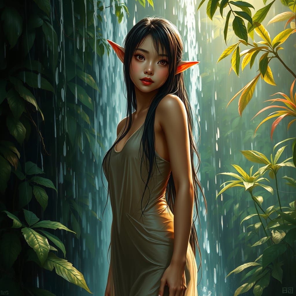 Ethereal Elf Woman Under Waterfall, Atmospheric Realism