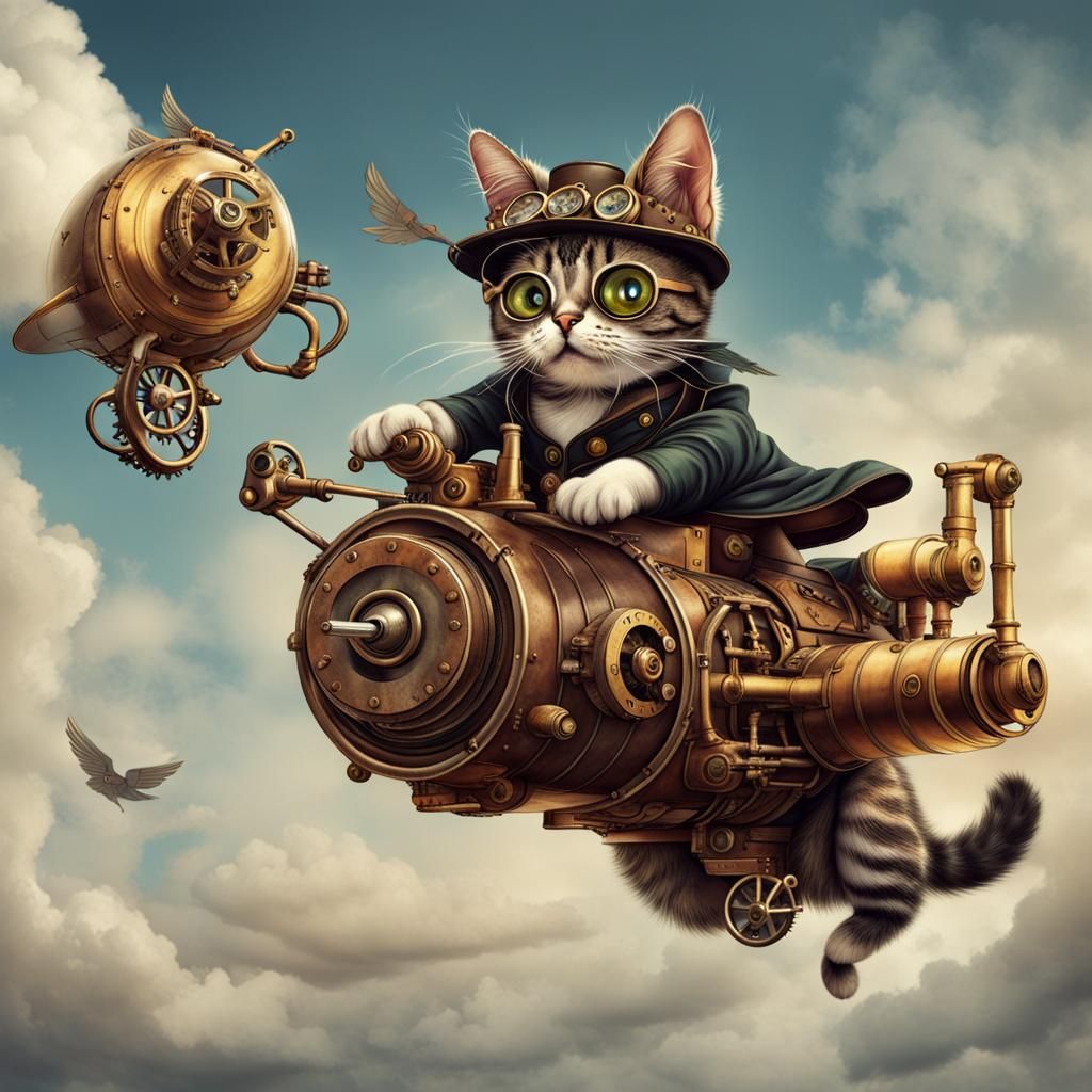 Steampunk Cat Flying Through the Sky