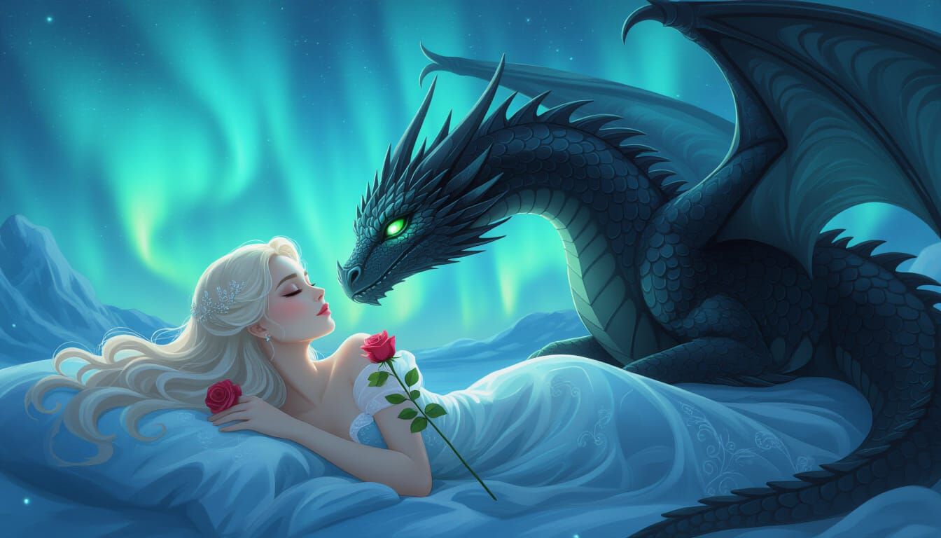Sleeping Beauty and Dragon in Digital Art