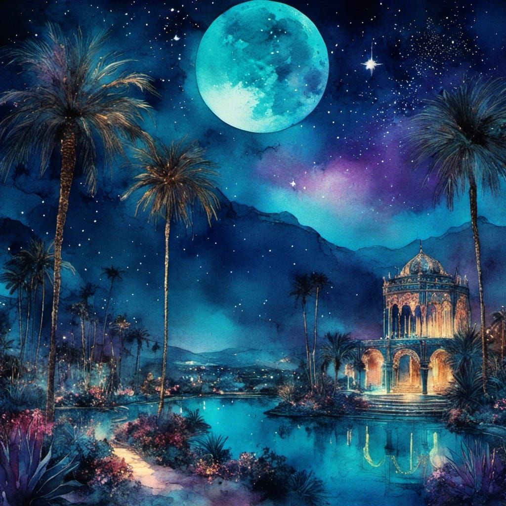 Midnight Desert Oasis in Watercolor Style