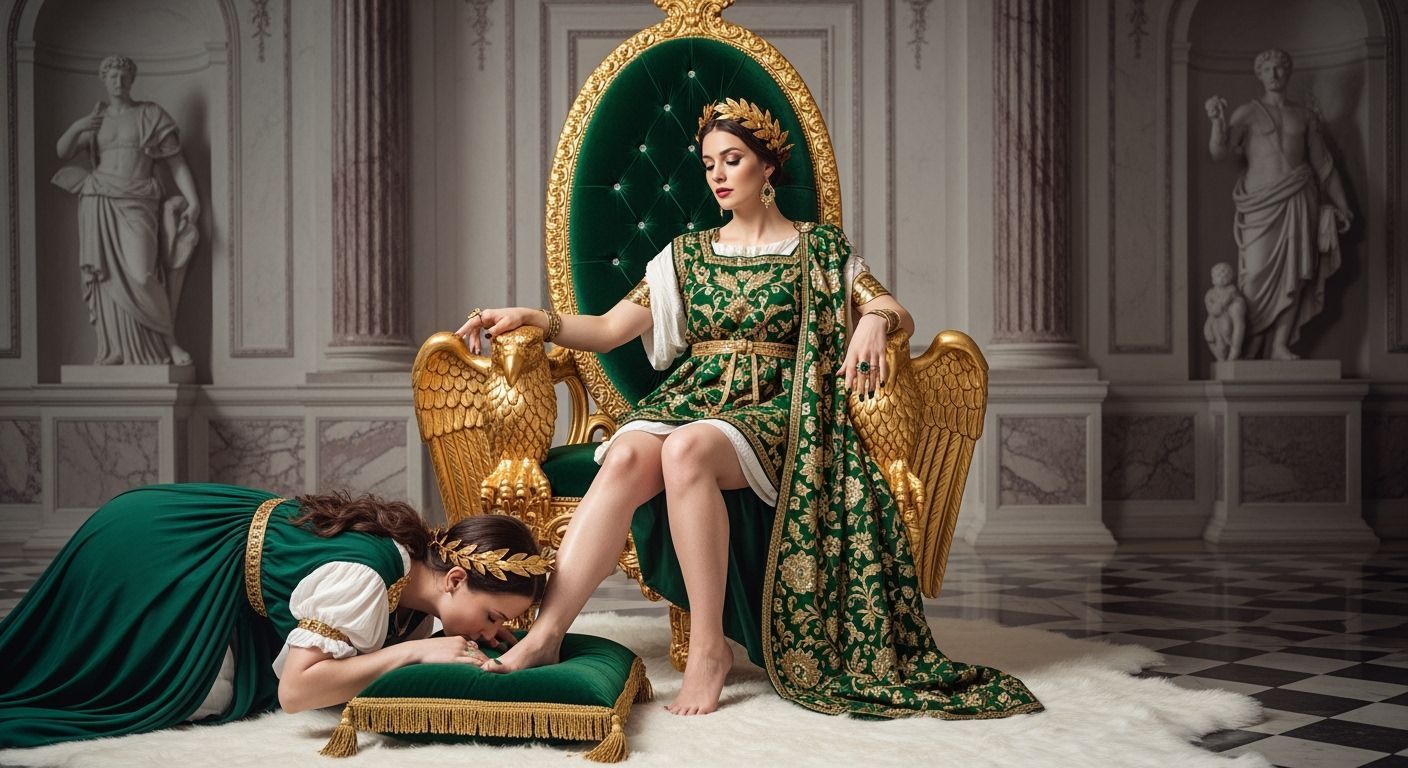 Regal Roman Empress on Emerald Throne, Baroque Style