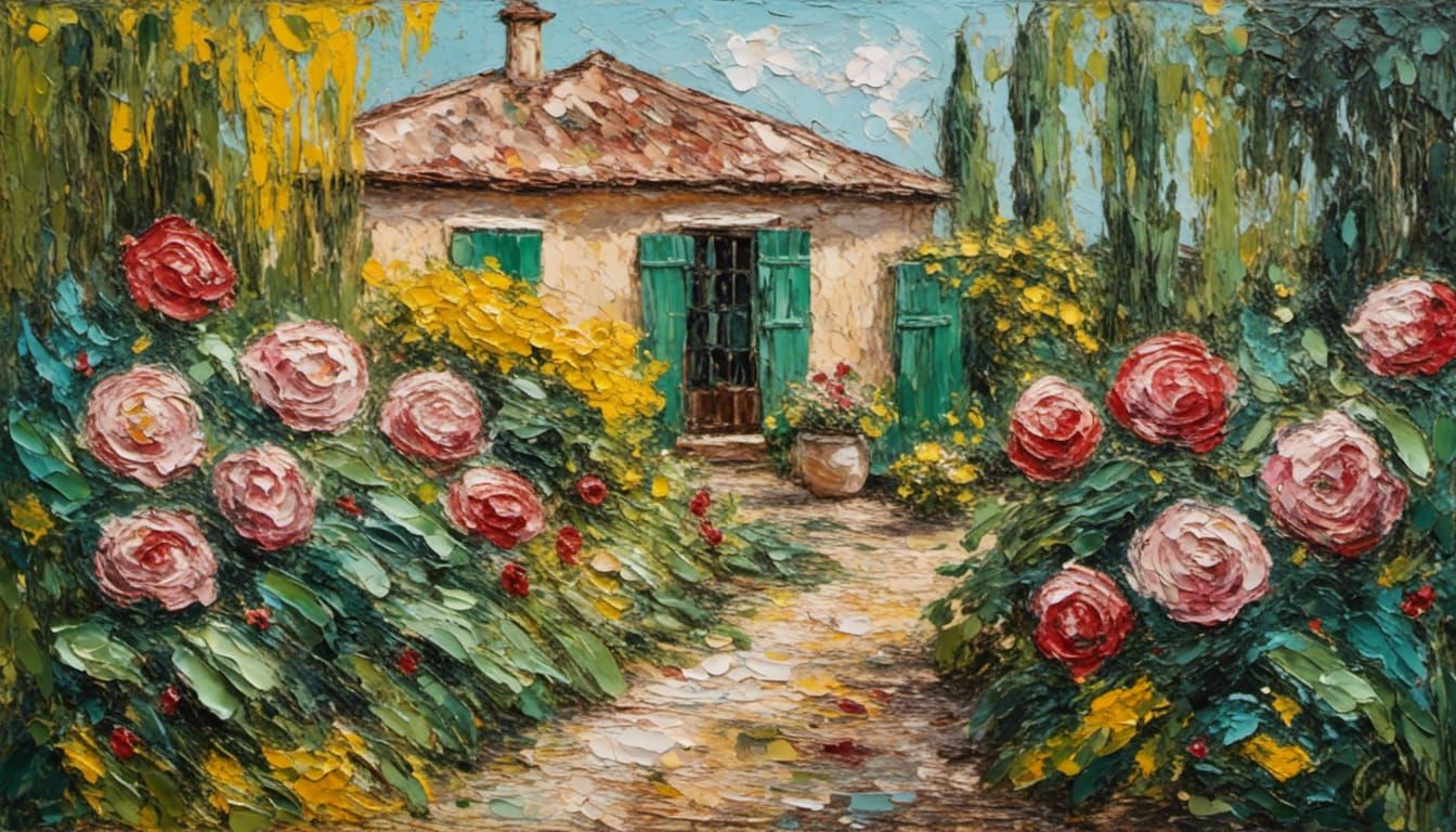Rose Garden Portrait as Impressionist Oil Painting