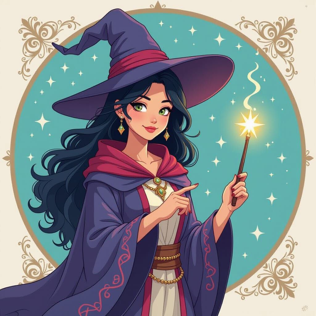 Whimsical Sorceress with Mystical Robes and Wand