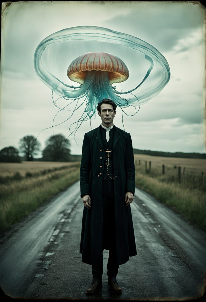 Surreal Man Explodes into Data Vortices on Country Road