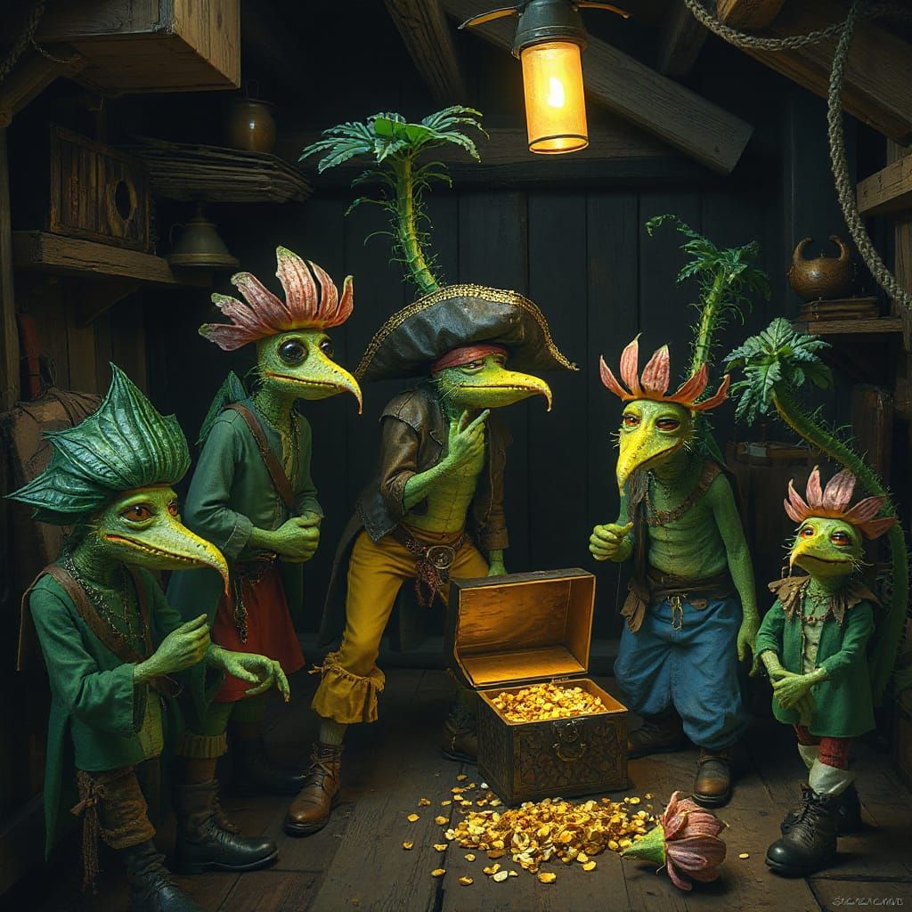Pirate Plants Count Treasure in Dimly Lit Hideout