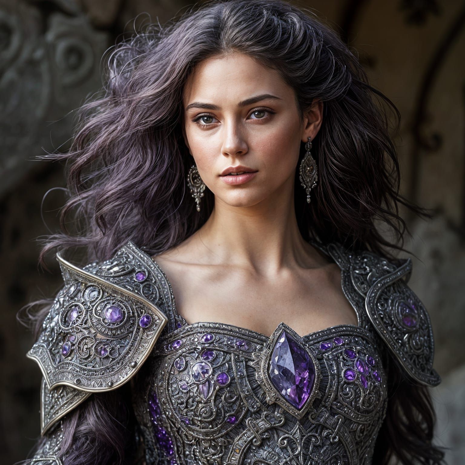 Woman in Intricate Amethyst Armor Dress