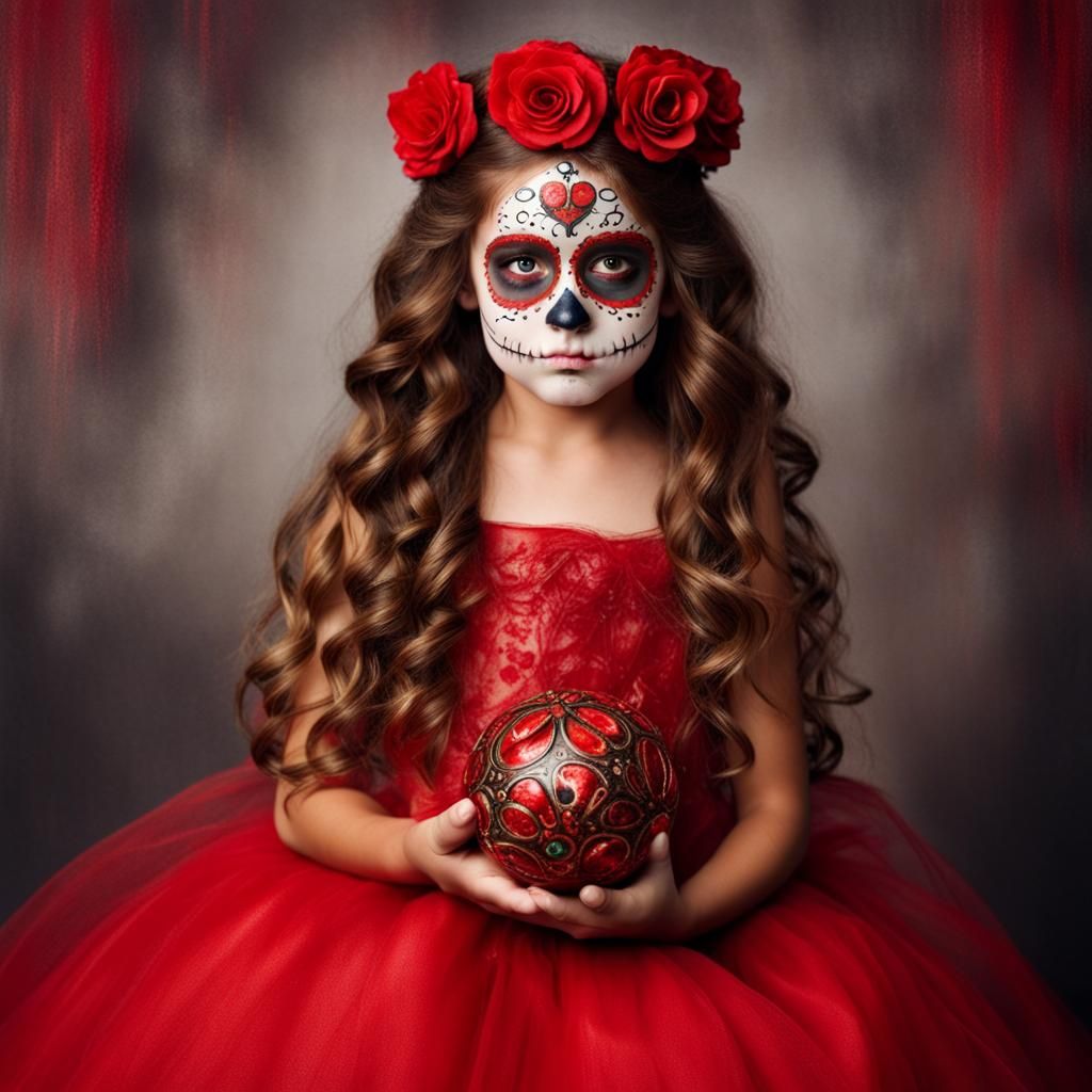 Girl in Red Gown with Day of the Dead Makeup