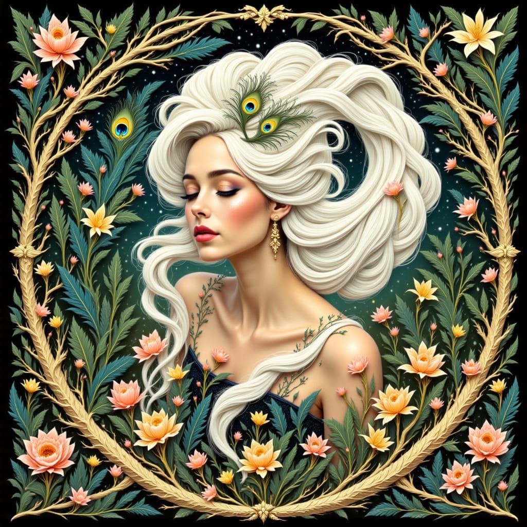 Elegant Woman in Enchanted Garden, Art Nouveau Style
