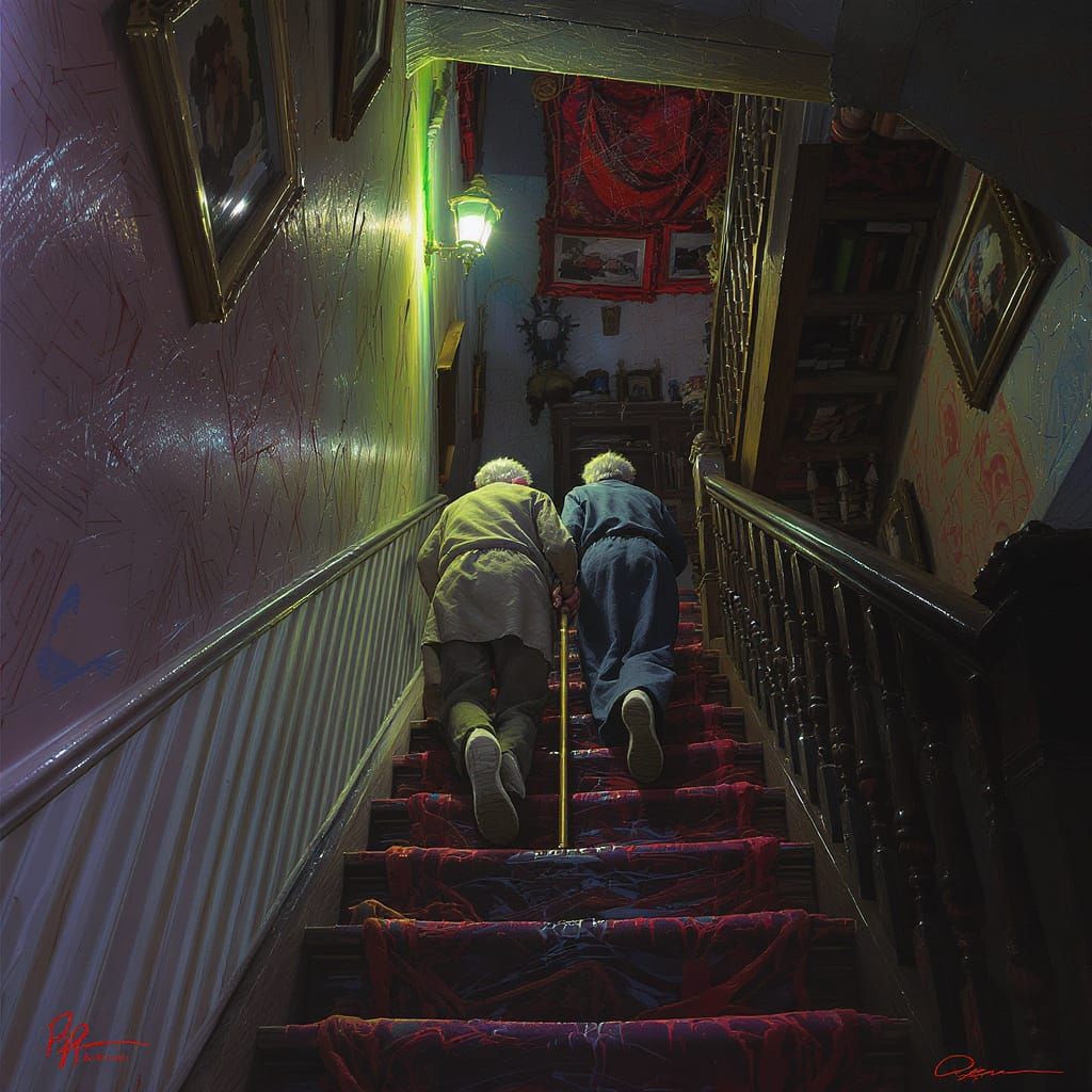 Old Couple's Terrifying Staircase Climb: Mixed Media Art