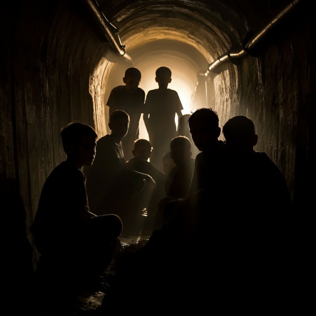 Frightened Figures in Dark Tunnel Seek Distant Light