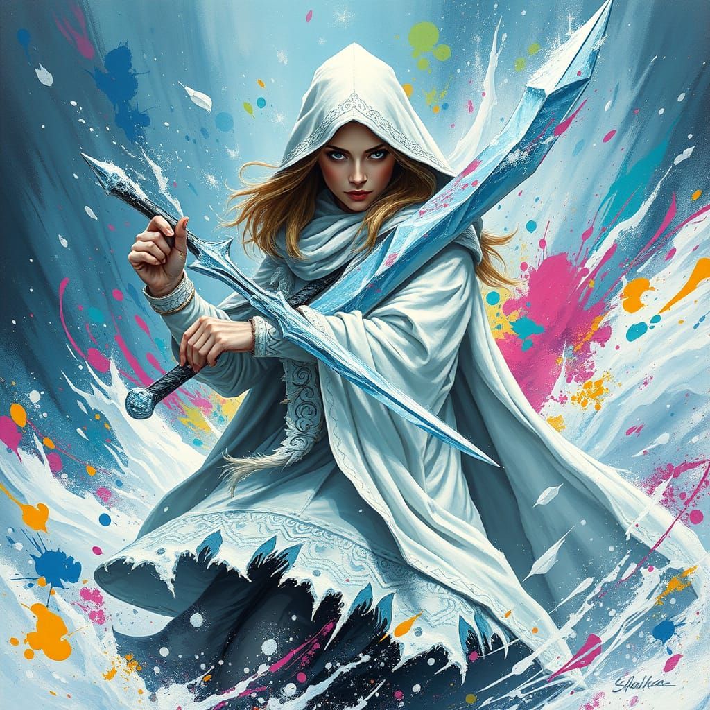 Majestic Warrior Defies the Tempest with Icy Sword