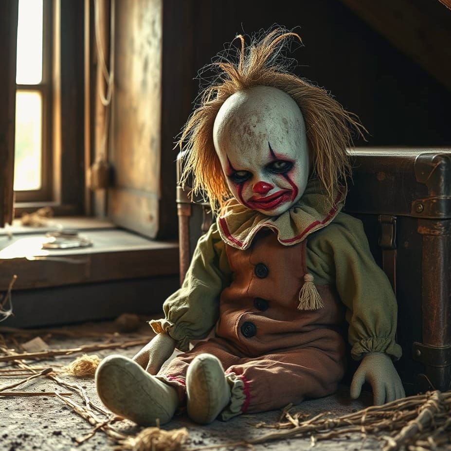 Creepy Antique Clown Doll in Dusty Attic