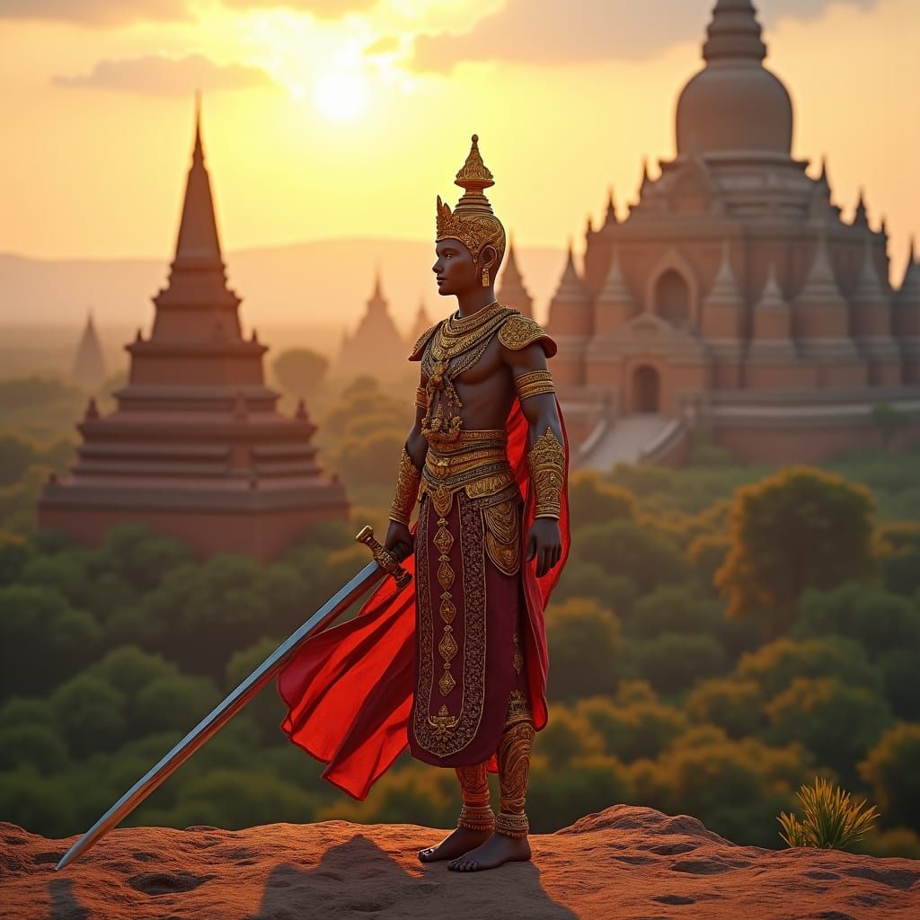 Burmese Warrior Stands Before Bagan Temple