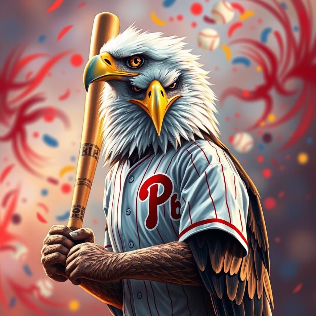 Eagle in Phillies Baseball Attire, Gazing Intensely with Pie...