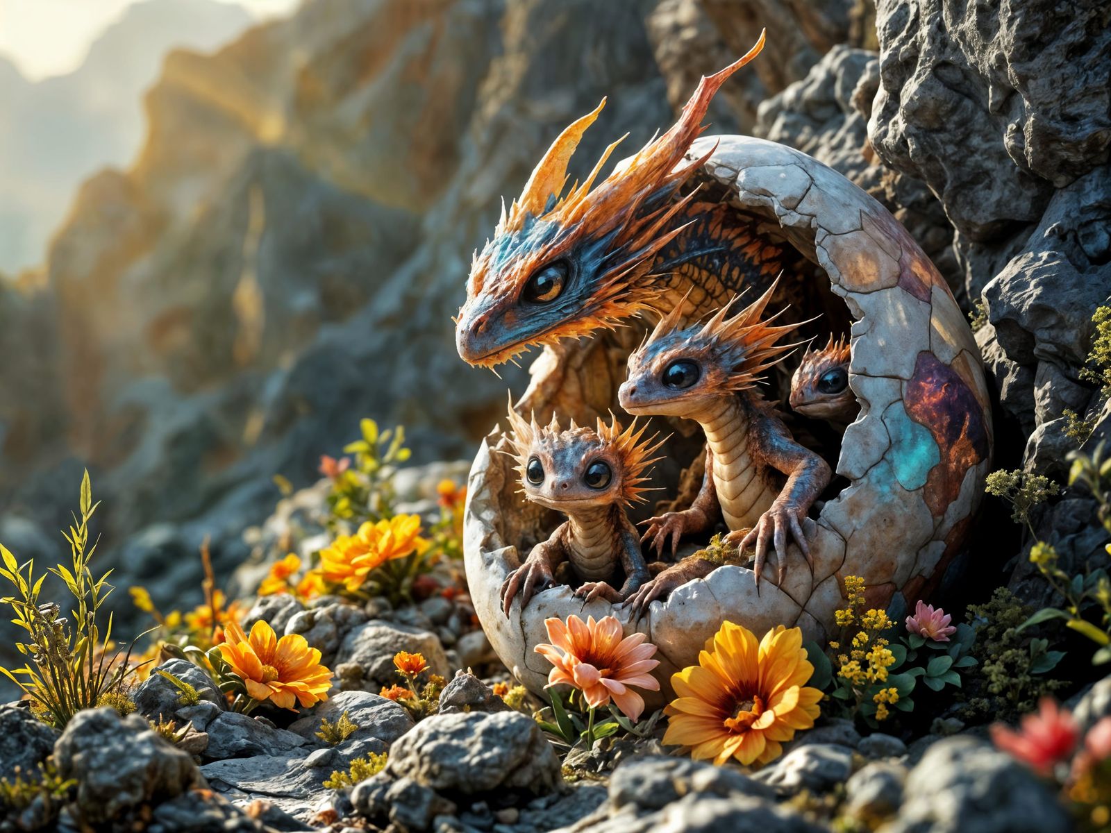 Alien Dragon Hatchlings in Surreal Landscape