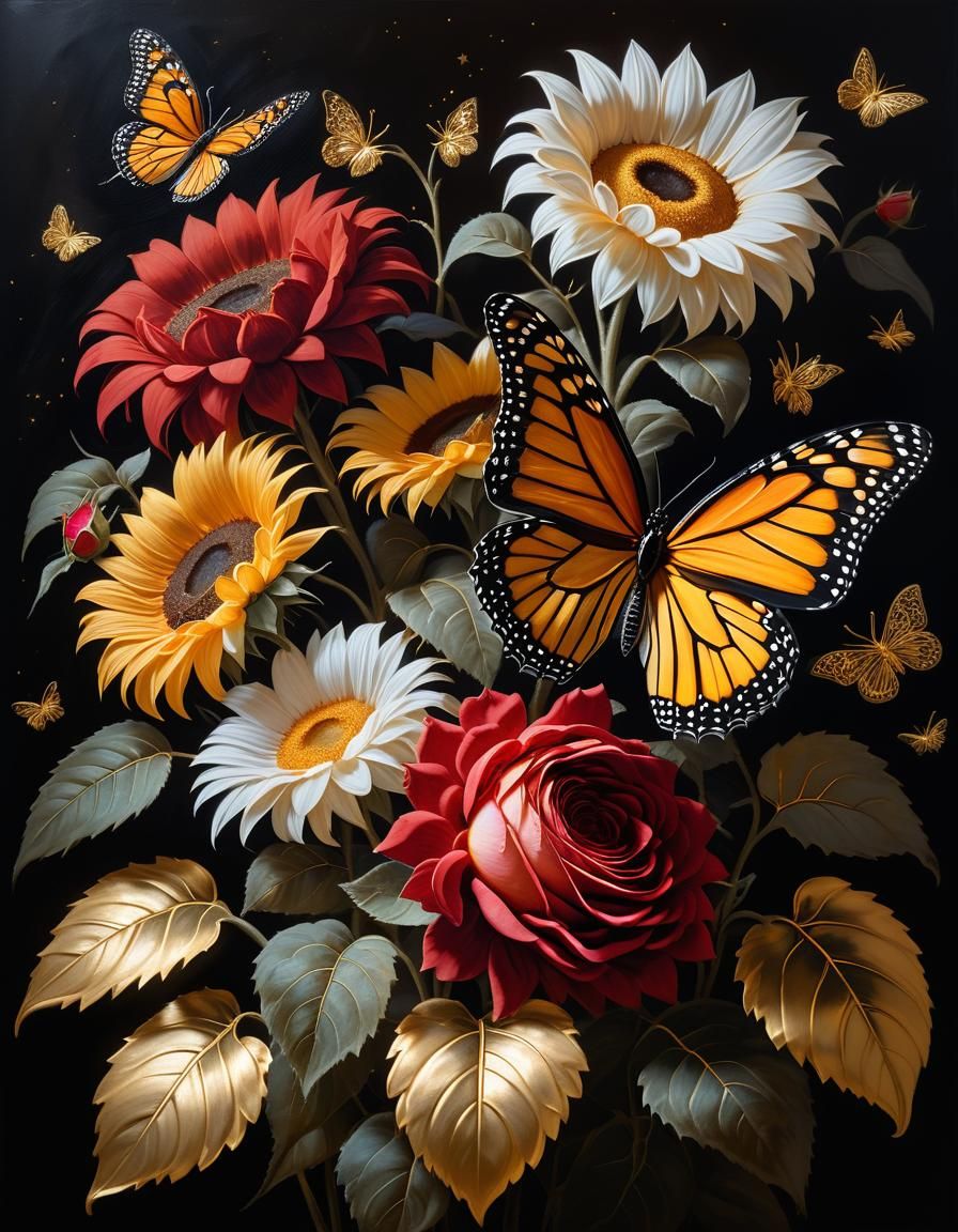 Baroque Floral Still Life with Sunflowers and Roses