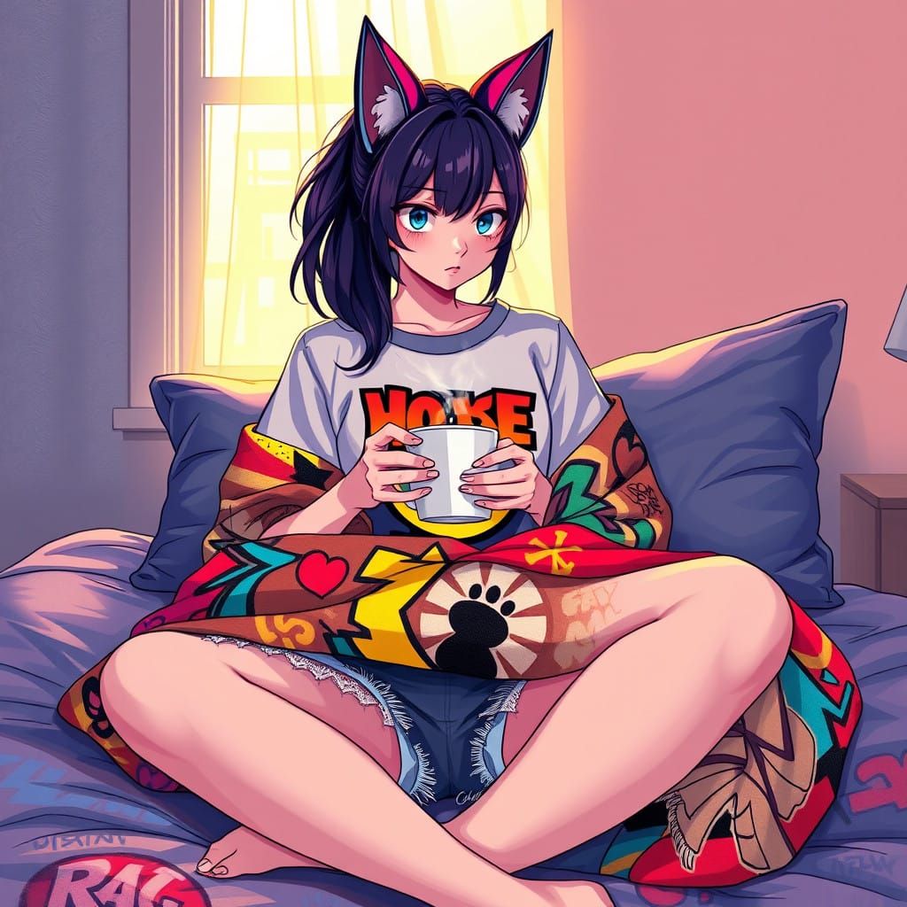 Cozy Morning with Feline Ears and Graffiti Blanket in Vibran...