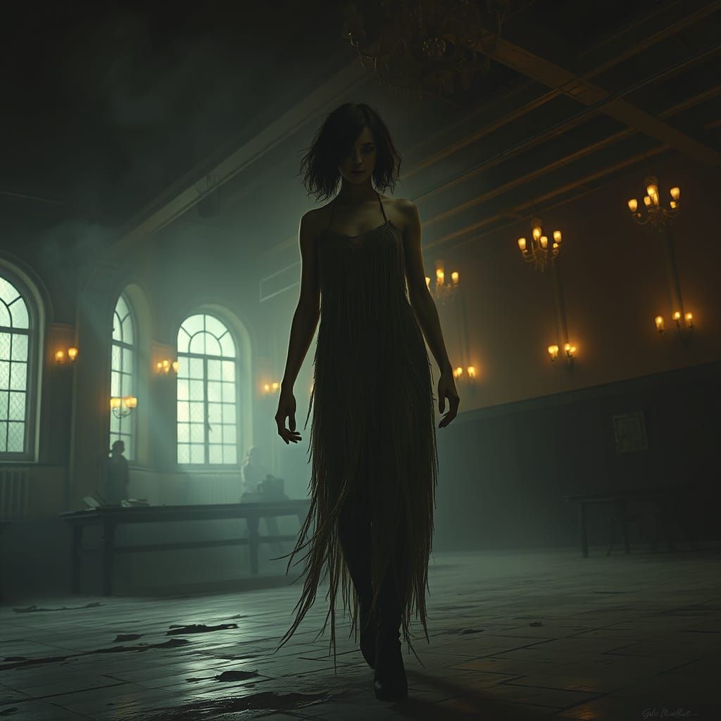 Ghostly Flapper in Abandoned Ballroom: Dramatic Lighting