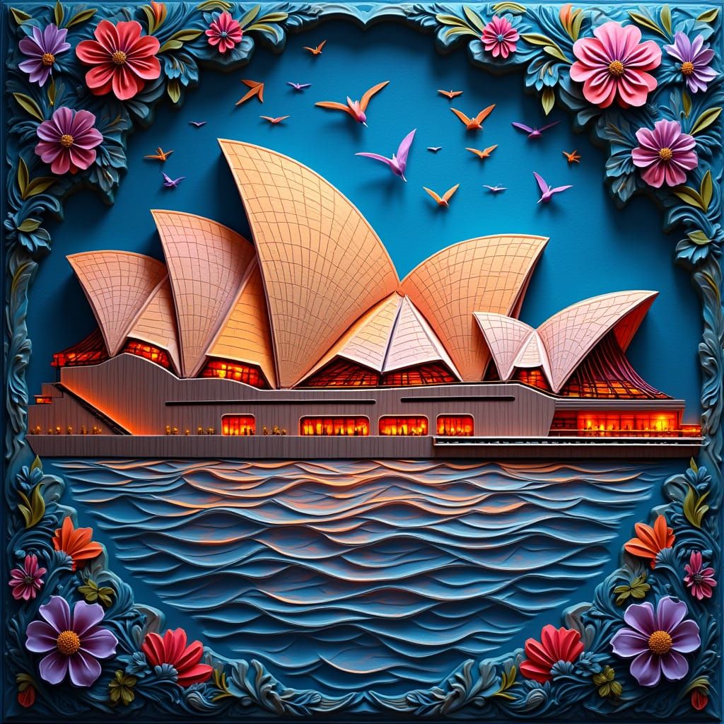 Sculptural Sydney Opera House in Wood Relief Style