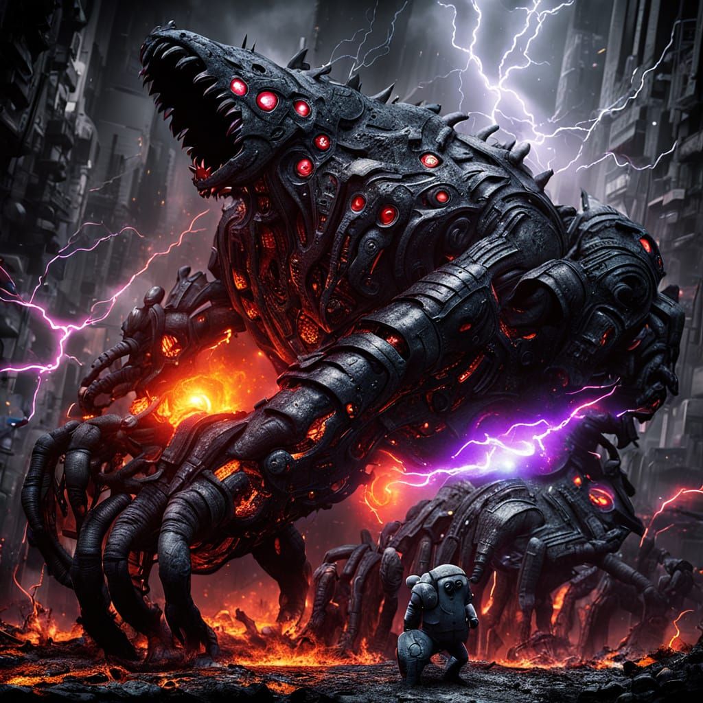 Cybernetic Cat Confronts Tiny Mouse in Dark, Futuristic Labo...