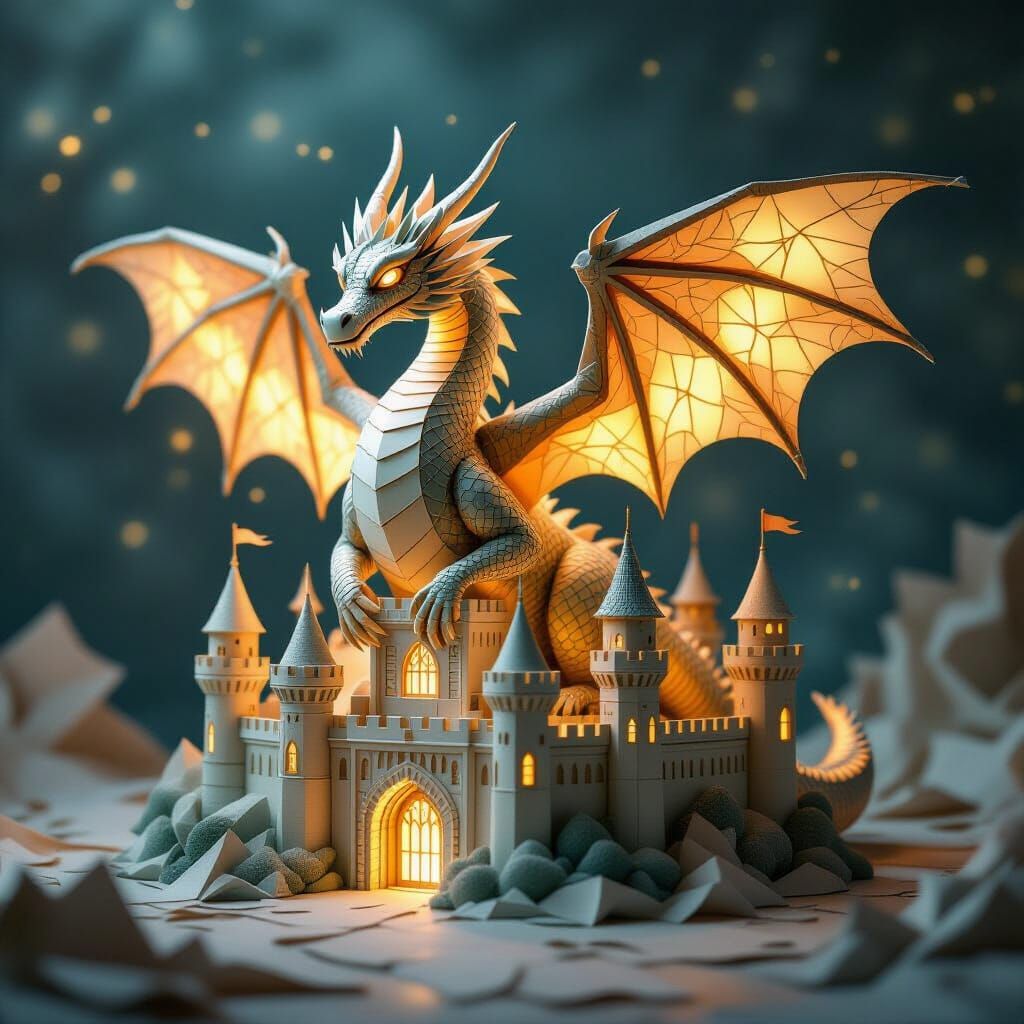 Majestic Paper Dragon Guards Parchment Castle