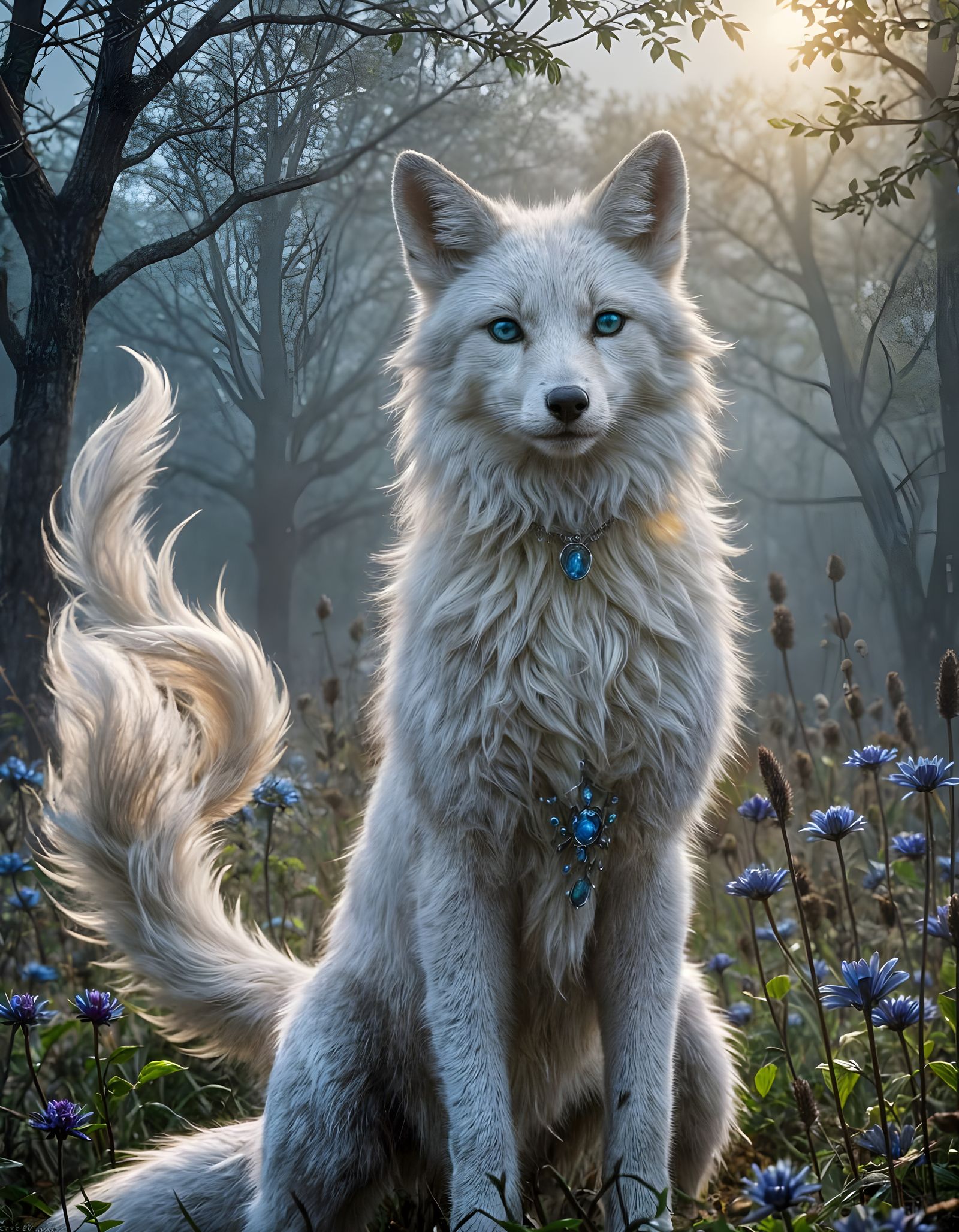 Nine-Tailed Fox in Misty Meadow, Fantasy Art