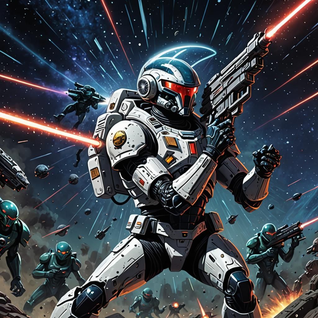 Galactic Warrior Fighting Aliens in Raypunk Style