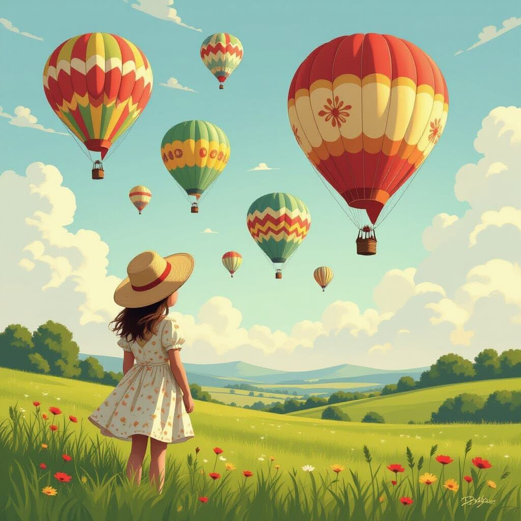 Girl Watching Hot Air Balloons in Whimsical Style
